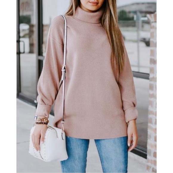 Free People Softly Structured Tunic Mauve Pink Turtleneck Sweater Size Medium - Picture 2 of 8